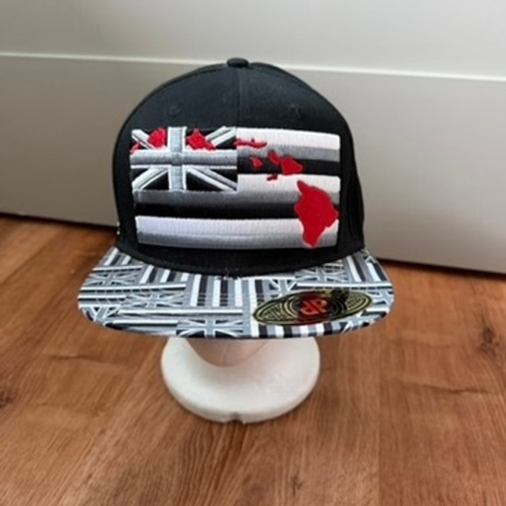 Double Portion Supply Snapback Hat Mens OSFM Black Hawaii Flag 3D Flat Brim